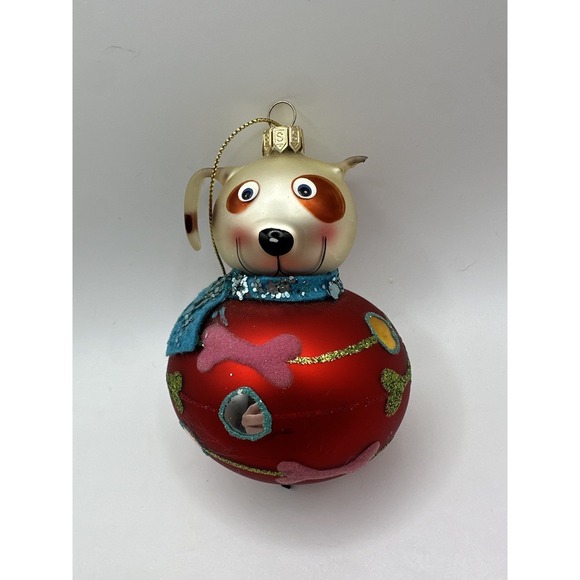 VTG Glass Puppy Dog Christmas Ornament Red Glitter Sweater Heart Bone Design - Picture 2 of 11